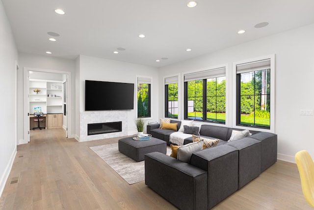 834 Wellner Rd, Naperville, IL 60540 - living area with recessed lighting, light wood-type flooring, a glass covered fireplace, and built in features