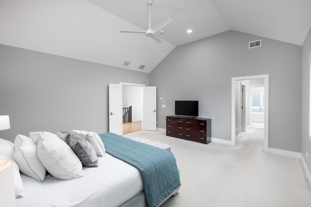 834 Wellner Rd, Naperville, IL 60540 - bedroom with high vaulted ceiling, light colored carpet, and a ceiling fan