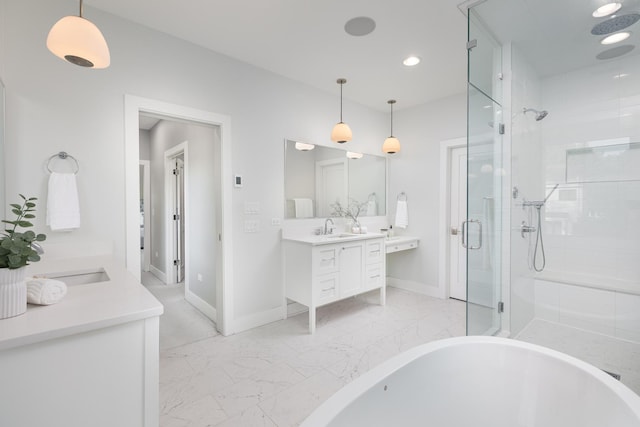 834 Wellner Rd, Naperville, IL 60540 - bathroom with double vanity, a freestanding tub, a stall shower, marble look tile flooring, and recessed lighting