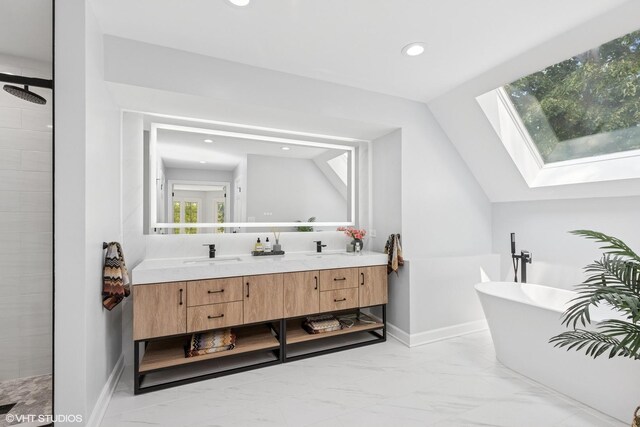 31 E Sandpiper Ln, Lake Forest, IL 60045 - full bathroom featuring a skylight, double vanity, a freestanding tub, marble look tiles, and tiled shower