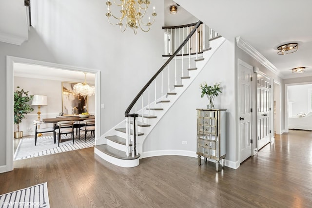 31 E Sandpiper Ln, Lake Forest, IL 60045 - entryway featuring a chandelier, stairs, wood finished floors, and ornamental molding
