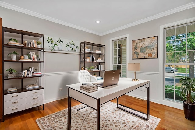336 Brooklea Ct, Naperville, IL 60565 - office space with ornamental molding, wood finished floors, recessed lighting, and a wainscoted wall