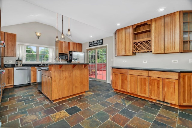 336 Brooklea Ct, Naperville, IL 60565 - kitchen with appliances with stainless steel finishes, dark countertops, plenty of natural light, vaulted ceiling, and open shelves