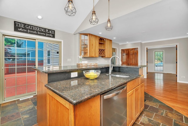336 Brooklea Ct, Naperville, IL 60565 - kitchen with stainless steel dishwasher, crown molding, recessed lighting, stone tile floors, and dark stone countertops