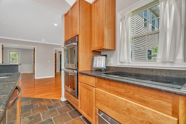 336 Brooklea Ct, Naperville, IL 60565 - kitchen with stainless steel appliances, ornamental molding, recessed lighting, dark stone counters, and dark wood-type flooring