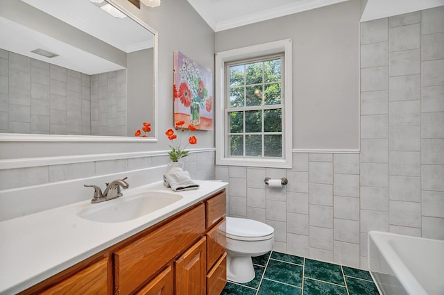 336 Brooklea Ct, Naperville, IL 60565 - bathroom featuring tile walls, vanity, a bathtub, crown molding, and a wainscoted wall