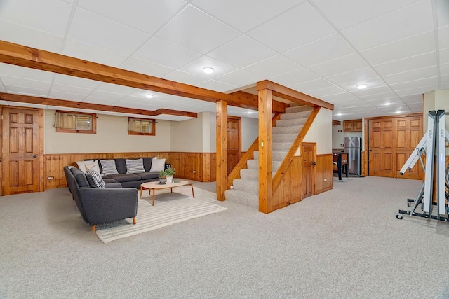 336 Brooklea Ct, Naperville, IL 60565 - living area with light colored carpet, a wainscoted wall, stairway, wooden walls, and recessed lighting
