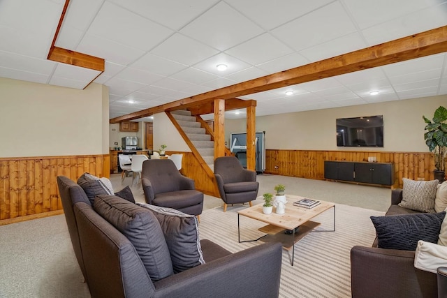 336 Brooklea Ct, Naperville, IL 60565 - living area featuring a wainscoted wall, stairs, carpet floors, wood walls, and a drop ceiling