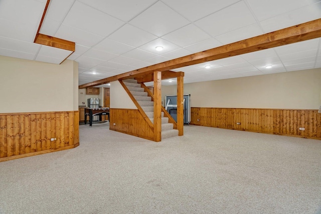 336 Brooklea Ct, Naperville, IL 60565 - finished below grade area featuring wainscoting, stairway, carpet floors, wood walls, and a paneled ceiling