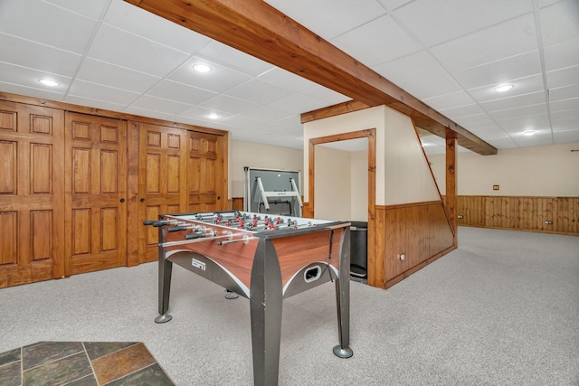336 Brooklea Ct, Naperville, IL 60565 - recreation room with carpet floors, wooden walls, wainscoting, and recessed lighting