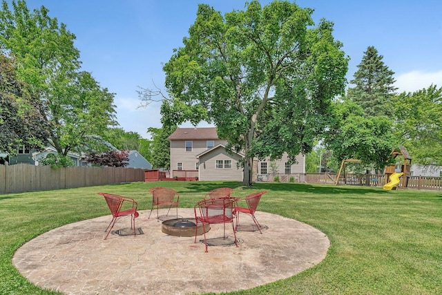 336 Brooklea Ct, Naperville, IL 60565 - view of yard featuring an outdoor fire pit, a playground, and a patio area