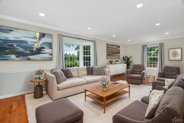 336 Brooklea Ct, Naperville, IL 60565 - living room with healthy amount of natural light, wood finished floors, recessed lighting, and crown molding