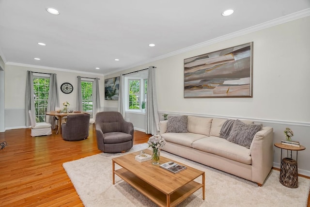 336 Brooklea Ct, Naperville, IL 60565 - living room featuring light wood finished floors, recessed lighting, healthy amount of natural light, and ornamental molding