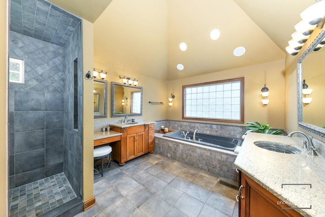 1012 Kennesaw Ct, Naperville, IL 60540 - full bath with a garden tub, two vanities, tiled shower, and high vaulted ceiling