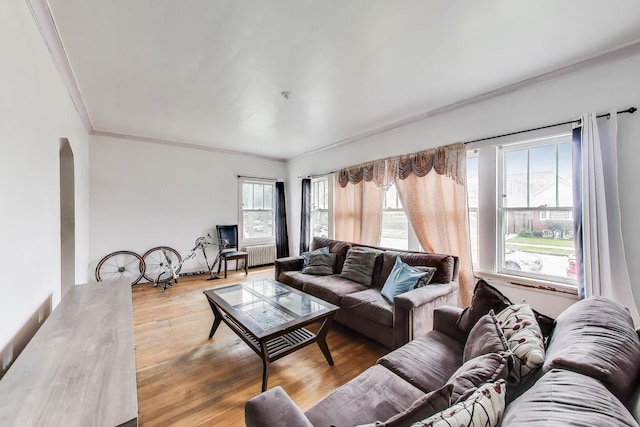 5042 W Wolfram St, Chicago, IL 60641 - living room with radiator heating unit, crown molding, wood finished floors, and arched walkways