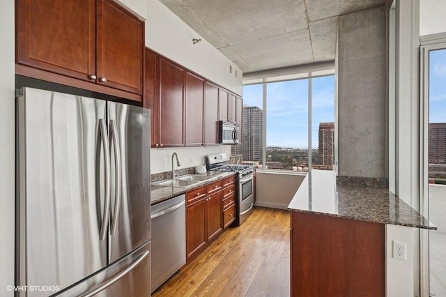 1720 S Michigan Ave Unit 1608, Chicago, IL 60616 - kitchen featuring stainless steel appliances, a sink, light wood-style flooring, dark stone counters, and a peninsula