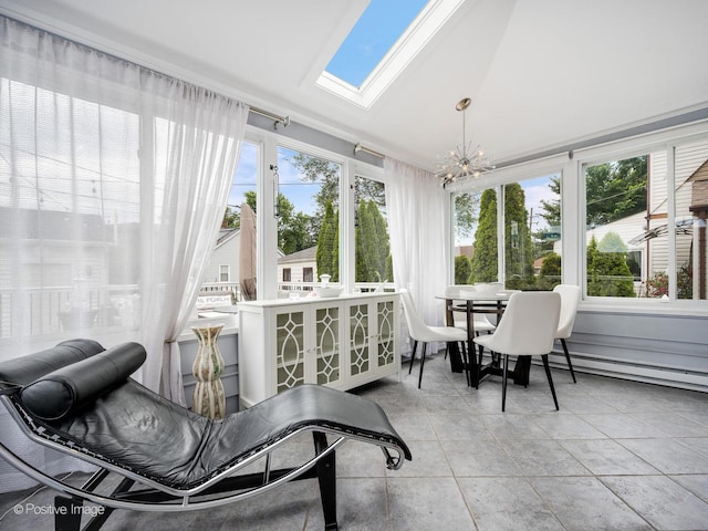 7215 W Foster Ave, Harwood Heights, IL 60706 - sunroom featuring a chandelier, a skylight, french doors, a baseboard heating unit, and vaulted ceiling