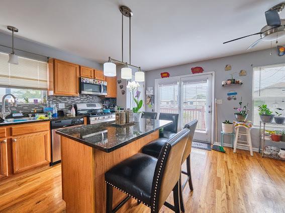 4813 W 23rd St, Cicero, IL 60804 - kitchen with stainless steel appliances, plenty of natural light, a ceiling fan, and a kitchen island