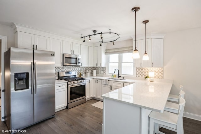 3925 Williams St, Downers Grove, IL 60515 - kitchen featuring stainless steel appliances, a peninsula, dark wood-type flooring, and white cabinetry