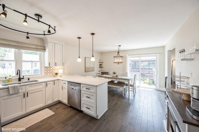 3925 Williams St, Downers Grove, IL 60515 - kitchen with stainless steel dishwasher, dark wood-style floors, a peninsula, white cabinets, and tasteful backsplash