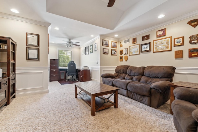 207 Quinlan Ave, Dekalb, IL 60115 - living room with a ceiling fan, crown molding, a wainscoted wall, an office area, and a decorative wall