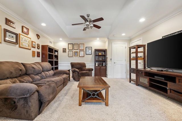 207 Quinlan Ave, Dekalb, IL 60115 - living area featuring ceiling fan, recessed lighting, ornamental molding, carpet, and a raised ceiling