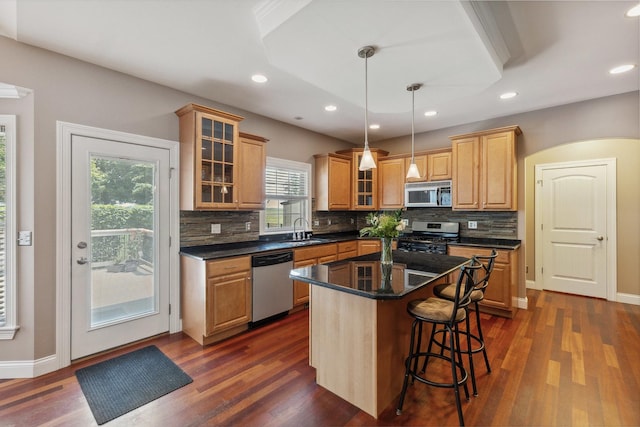 207 Quinlan Ave, Dekalb, IL 60115 - kitchen with stainless steel appliances, backsplash, dark wood-style flooring, a kitchen bar, and recessed lighting