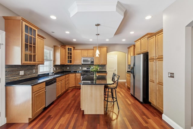 207 Quinlan Ave, Dekalb, IL 60115 - kitchen featuring appliances with stainless steel finishes, arched walkways, a breakfast bar area, dark wood-type flooring, and recessed lighting