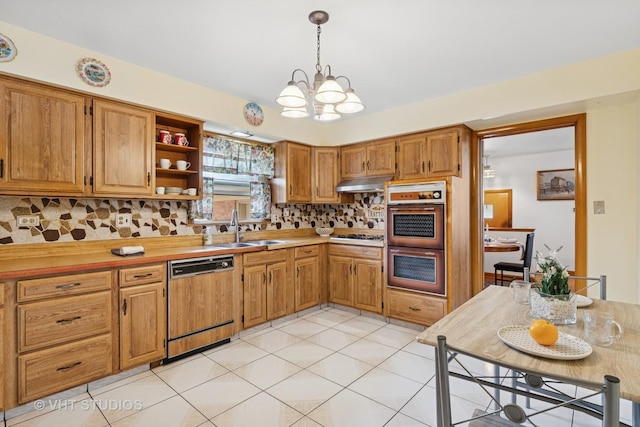 8544 W Roseview Dr, Niles, IL 60714 - kitchen with stainless steel appliances, under cabinet range hood, tasteful backsplash, light countertops, and a chandelier
