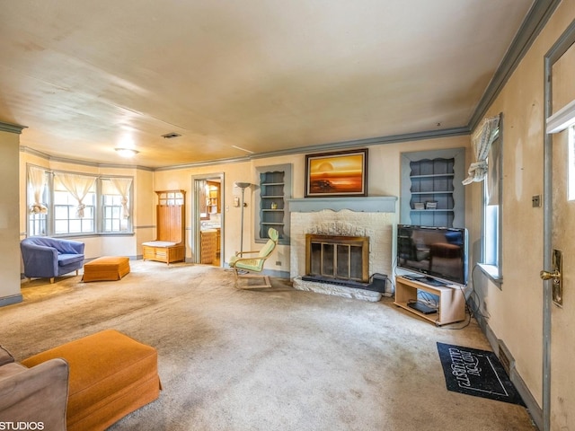 11933 S 70th Ave, Palos Heights, IL 60463 - living room with crown molding, carpet floors, and a fireplace