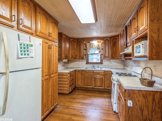 11933 S 70th Ave, Palos Heights, IL 60463 - kitchen with white appliances, brown cabinetry, light countertops, under cabinet range hood, and wood ceiling