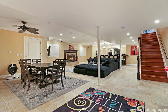 1400 Banbury Rd, Inverness, IL 60067 - dining space featuring stairs, baseboards, recessed lighting, a ceiling fan, and light tile patterned flooring