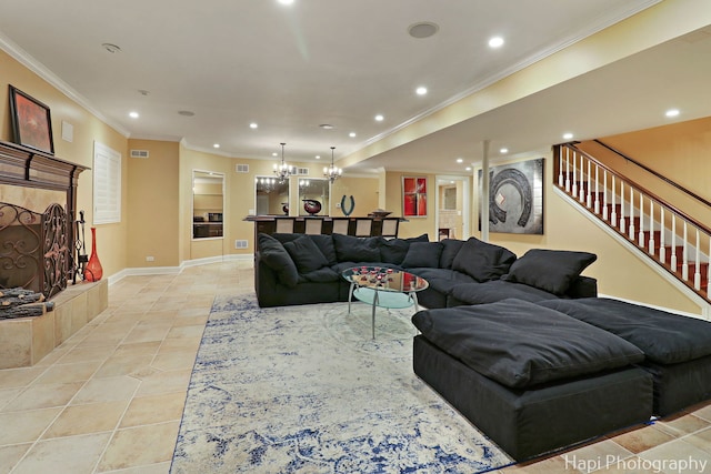 1400 Banbury Rd, Inverness, IL 60067 - living area featuring recessed lighting, ornamental molding, light tile patterned floors, a chandelier, and stairway