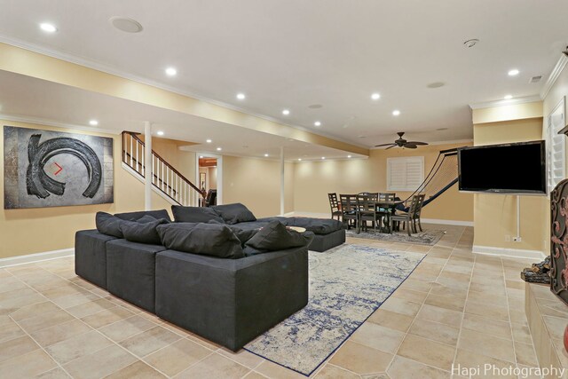 1400 Banbury Rd, Inverness, IL 60067 - living room with ceiling fan, crown molding, stairs, light tile patterned flooring, and recessed lighting
