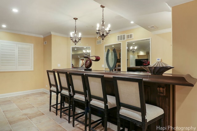 1400 Banbury Rd, Inverness, IL 60067 - indoor dry bar featuring a chandelier, crown molding, recessed lighting, hanging light fixtures, and light tile patterned floors