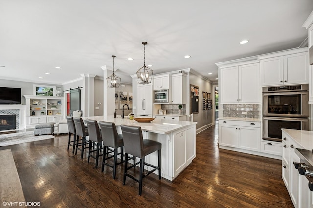1406 Meadow Ln, Glenview, IL 60025 - kitchen with appliances with stainless steel finishes, a barn door, crown molding, open floor plan, and recessed lighting