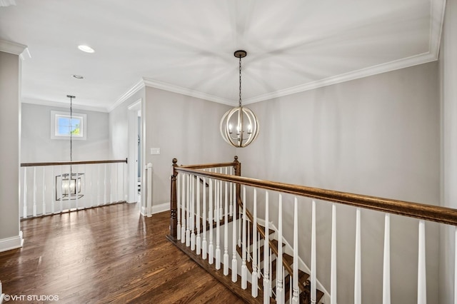 1406 Meadow Ln, Glenview, IL 60025 - corridor with an upstairs landing, a chandelier, wood finished floors, ornamental molding, and recessed lighting