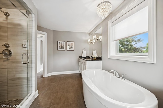 1406 Meadow Ln, Glenview, IL 60025 - full bath with a chandelier, a freestanding tub, a stall shower, and vanity