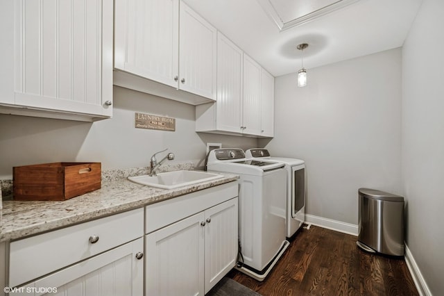 1406 Meadow Ln, Glenview, IL 60025 - laundry room featuring washing machine and dryer, cabinet space, dark wood-style flooring, and attic access