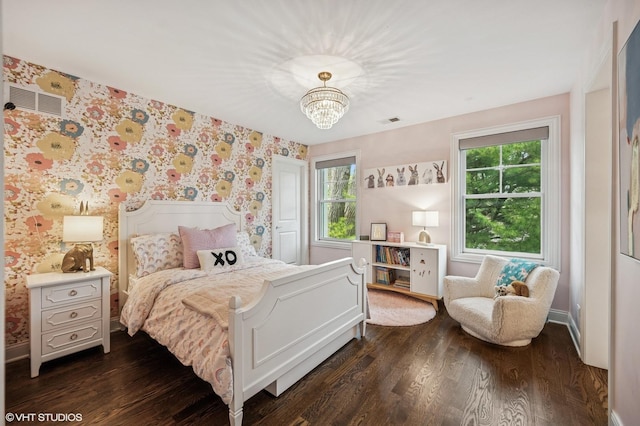 1406 Meadow Ln, Glenview, IL 60025 - bedroom featuring dark wood-type flooring, a chandelier, and wallpapered walls