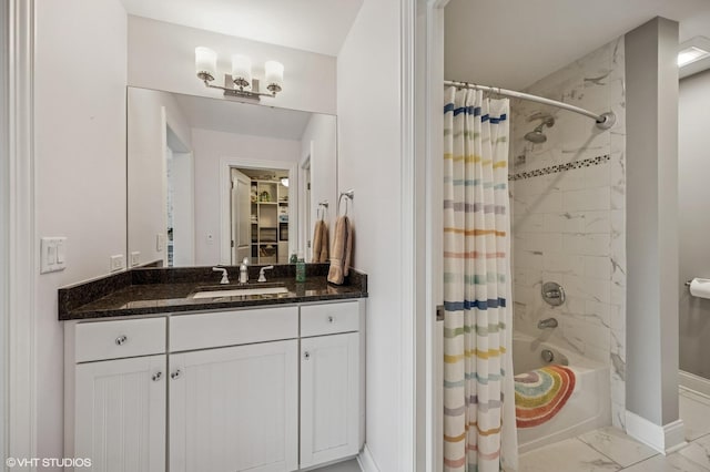 1406 Meadow Ln, Glenview, IL 60025 - full bath featuring marble look tile flooring, vanity, and shower / bathtub combination with curtain