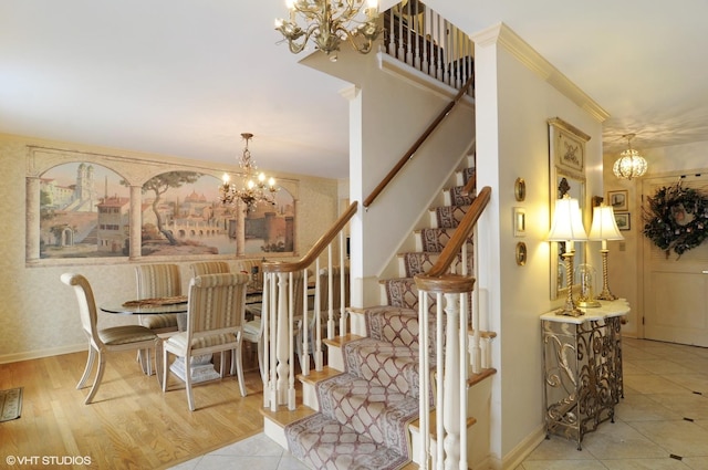 1858 Habberton Ave, Park Ridge, IL 60068 - staircase with a chandelier, wood finished floors, and crown molding