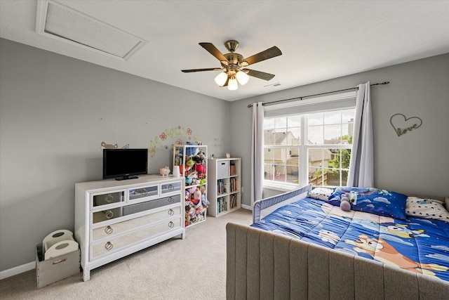3905 Boulder Ridge Dr, Champaign, IL 61822 - bedroom with attic access, light colored carpet, and a ceiling fan