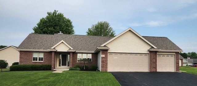 6638 Key Largo Dr, Machesney Park, IL 61103 - ranch-style home featuring asphalt driveway, a garage, brick siding, a front lawn, and a shingled roof