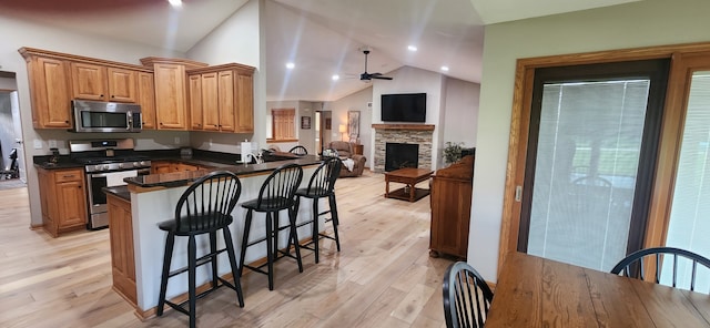 6638 Key Largo Dr, Machesney Park, IL 61103 - kitchen with stainless steel appliances, lofted ceiling, a ceiling fan, a breakfast bar area, and light wood-style flooring