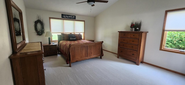 6638 Key Largo Dr, Machesney Park, IL 61103 - bedroom featuring lofted ceiling, light colored carpet, baseboards, and a ceiling fan