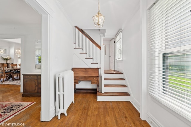 1241 Forest Ave, Wilmette, IL 60091 - stairs featuring radiator, wood finished floors, a chandelier, and crown molding