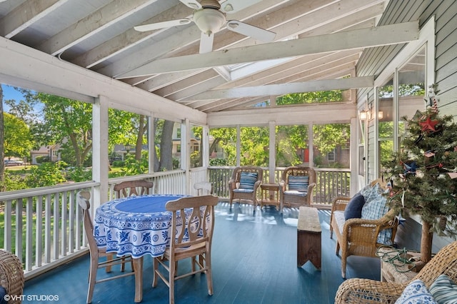 1241 Forest Ave, Wilmette, IL 60091 - sunroom / solarium featuring a ceiling fan, a skylight, healthy amount of natural light, and lofted ceiling