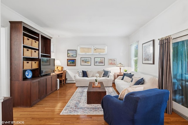 1241 Forest Ave, Wilmette, IL 60091 - living room with a baseboard radiator, light wood-style flooring, and crown molding