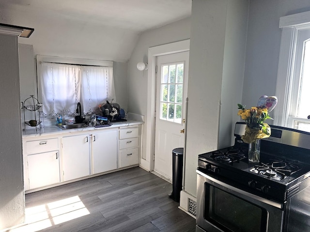 310 Hill Ave, Elgin, IL 60120 - kitchen with stainless steel gas stove, lofted ceiling, wood finished floors, white cabinetry, and light countertops